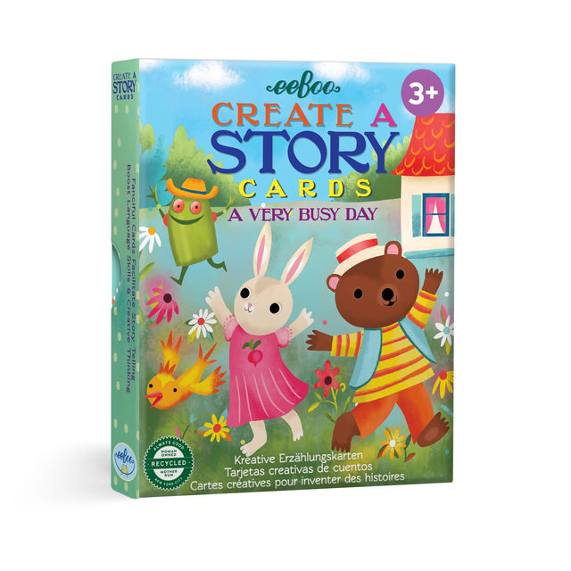 Create A Story | A Very Busy Day set of 36 whimsical illustrated cards featuring a bird, bunny, bear, and martian.