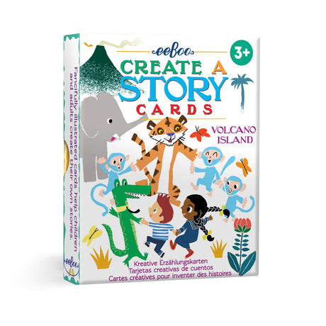 Create A Story | Volcano Island card set with tiger, blue monkeys, children, and volcano for imaginative storytelling.