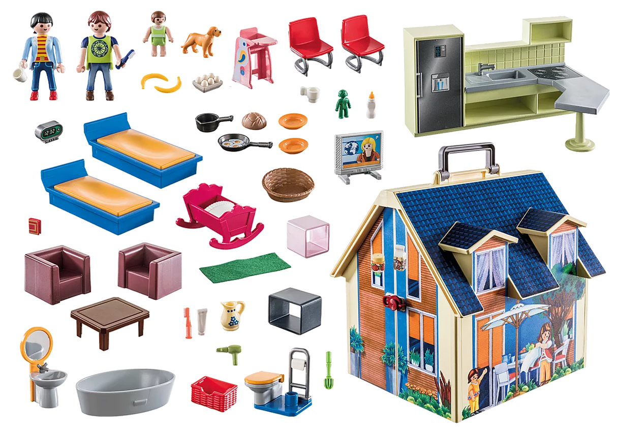 Take Along Dollhouse with modern furniture, figures, kitchen, living room, bathroom, bedroom, and accessories, portable with handle.