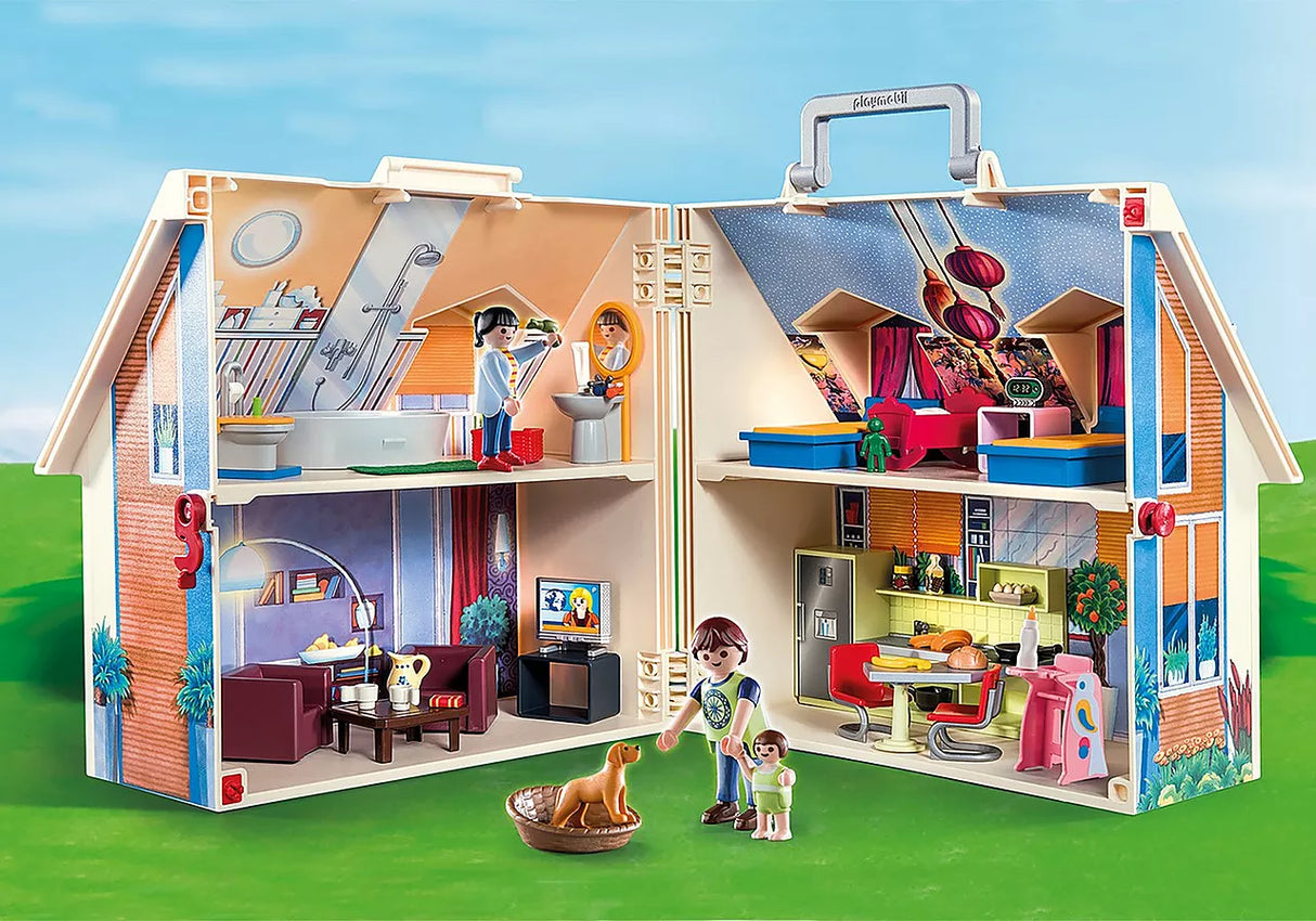 Take Along Dollhouse with modern furniture, spacious rooms, figures, accessories, and a practical carrying handle for easy transport.