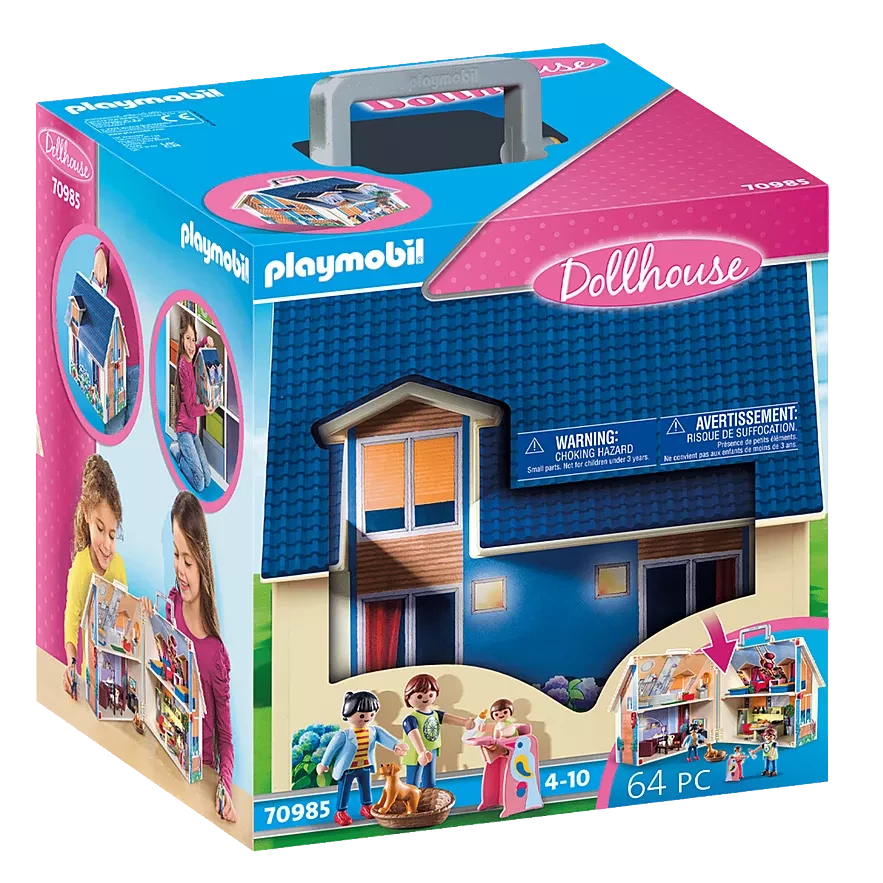 Take Along Dollhouse with modern furniture, accessories, figures, and a practical carrying handle for play on the go.