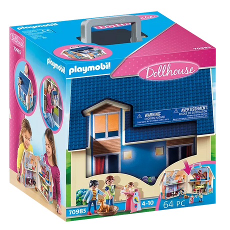 Take Along Dollhouse with modern furniture, accessories, figures, and a practical carrying handle for play on the go.
