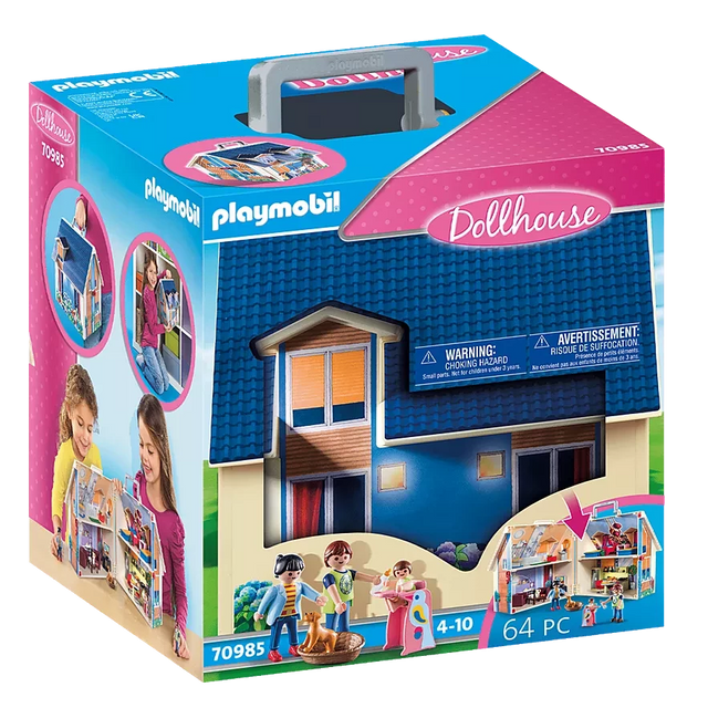 Take Along Dollhouse with modern furniture, accessories, figures, and a practical carrying handle for play on the go.