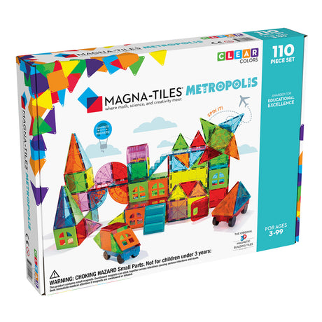 Magnatiles Metropolis deluxe set with 110 translucent magnetic shapes for creative building and learning fun.