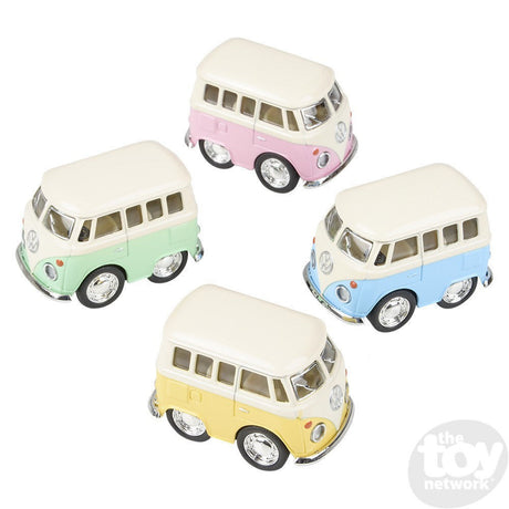 VW Mini Bus diecast toy in pastel pink, green, blue, and yellow colors, perfect collectible for ages 3 and up.