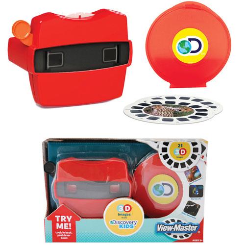 ViewMaster with red viewer, three 3D reels, and storage case featuring Discovery Kids branding.