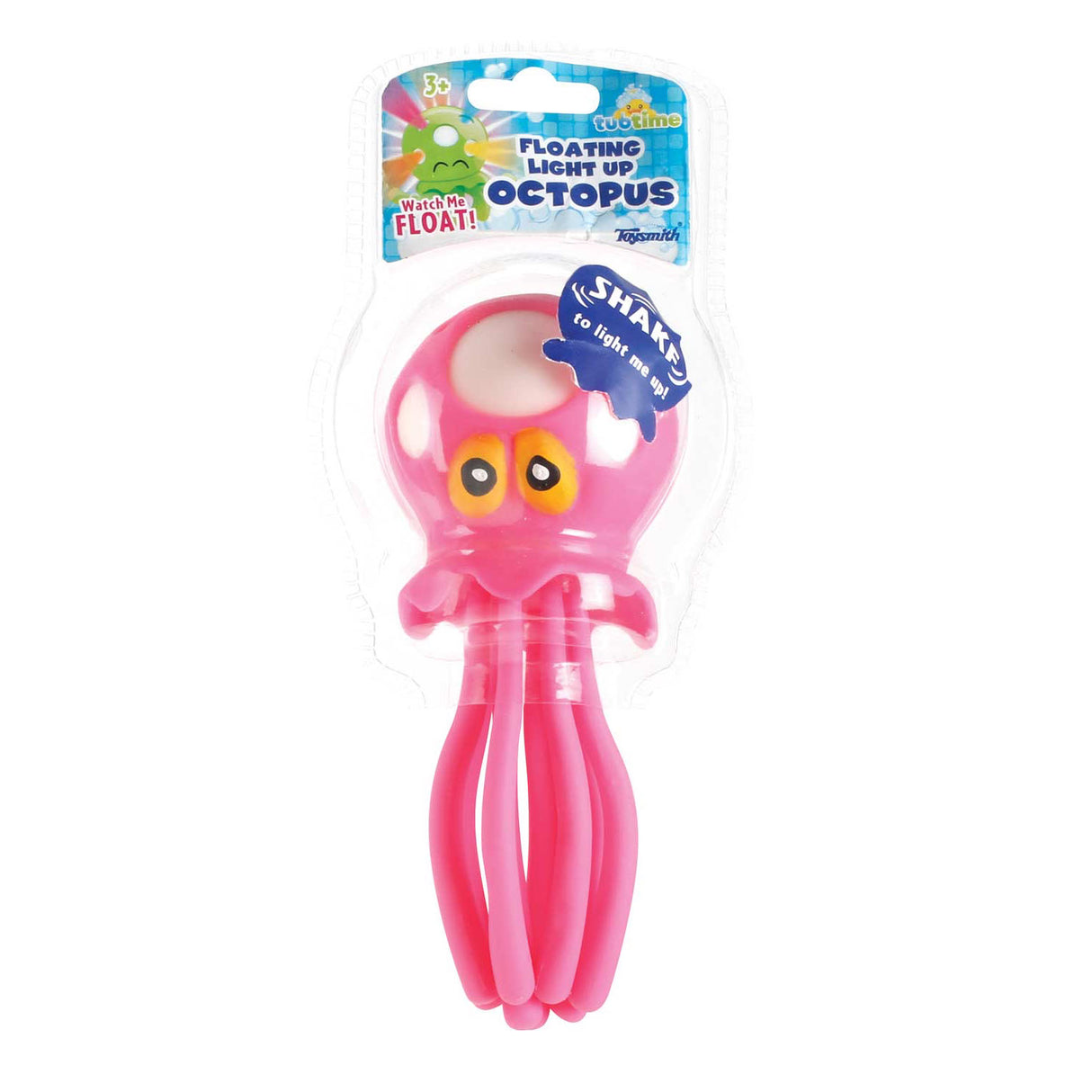 Light Up Floating Octopus bath toy in pink, lights up when shaken, floats for sensory play ages 3 and up.