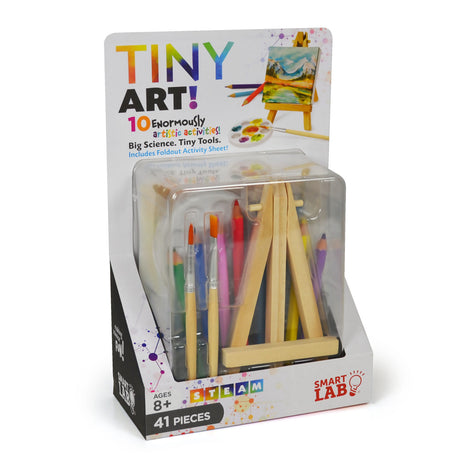 Tiny Tools Tiny Art! kit with miniature easel, watercolor pencils, paintbrushes, and art supplies for creative painting.