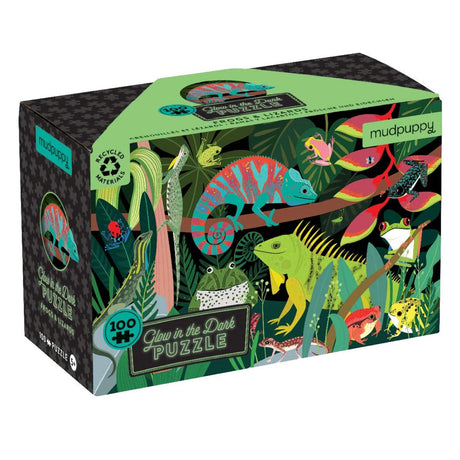 100pc Frogs & Lizards Glow Puzzle box featuring colorful amphibians and reptiles in a jungle scene that glows in the dark.