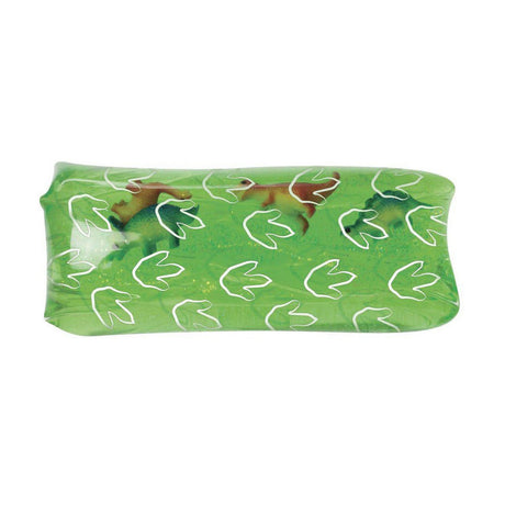 Green Water Wiggler Dino with dinosaur toys inside and footprint design, perfect squishy fidget toy for kids.
