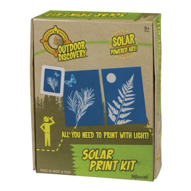 Solar Print Kit box displaying blue prints of leaves made with light-sensitive solar paper for outdoor discovery art projects.