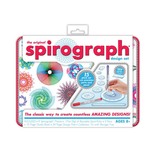 Spirograph Original Tin with precision wheels, pens, reusable putty, guidebook, and design pad for creating intricate art designs.