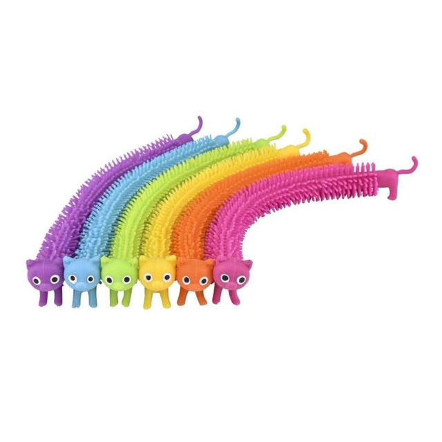 Colorful Stretchy Cat toys in assorted bright colors with flexible, segmented bodies and cute cat faces.
