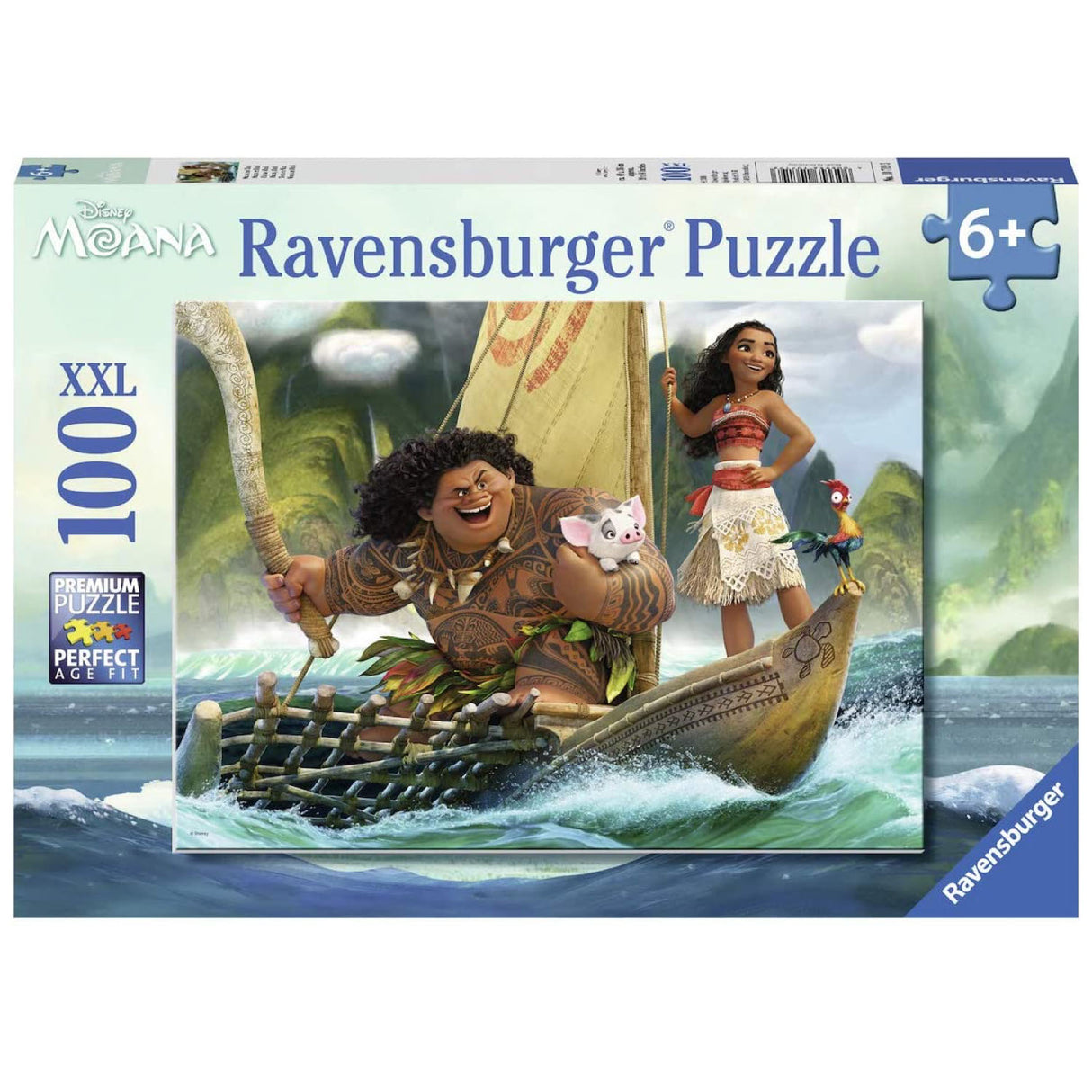 100pc Moana and Maui Puzzle featuring Moana and Maui sailing on the ocean, perfect for ages 6 and up.