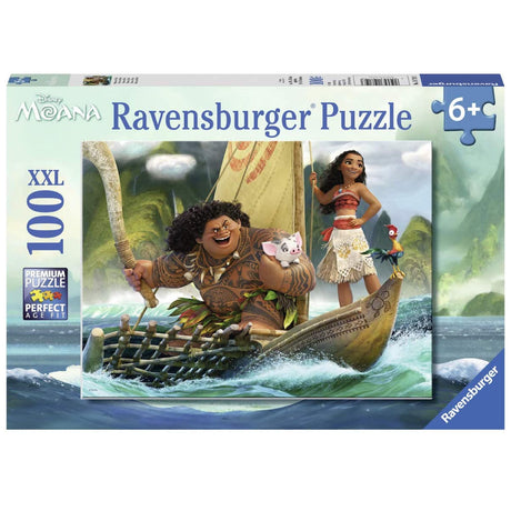 100pc Moana and Maui Puzzle featuring Moana and Maui sailing on the ocean, perfect for ages 6 and up.