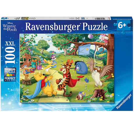 100pc Pooh to the Rescue Puzzle featuring Winnie the Pooh and friends in superhero capes rescuing Piglet in Hundred Acre Wood.