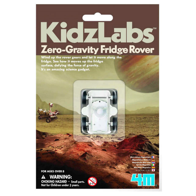 Fridge Rover toy in packaging showing white magnetic wind-up rover designed to move on refrigerator surfaces.