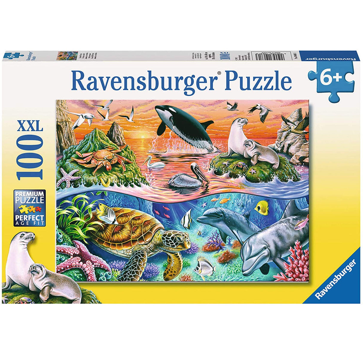 100pc Beautiful Ocean Puzzle featuring colorful sea animals and ocean scenery designed for kids 6 and up by Ravensburger Puzzle.