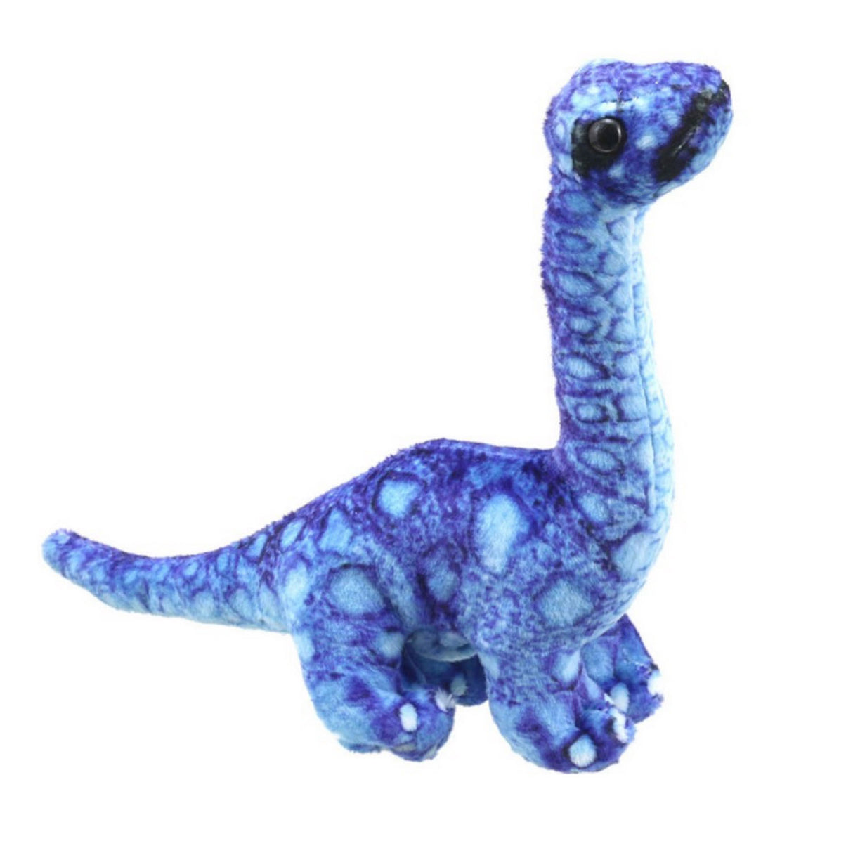 Soft blue Brontosaurus Finger Puppet with detailed features, perfect for imaginative play and puppet shows for ages 1+.