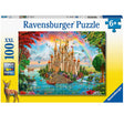 100pc Rainbow Castle Puzzle featuring a vibrant castle by a river with colorful flags and jewel-toned flowers.