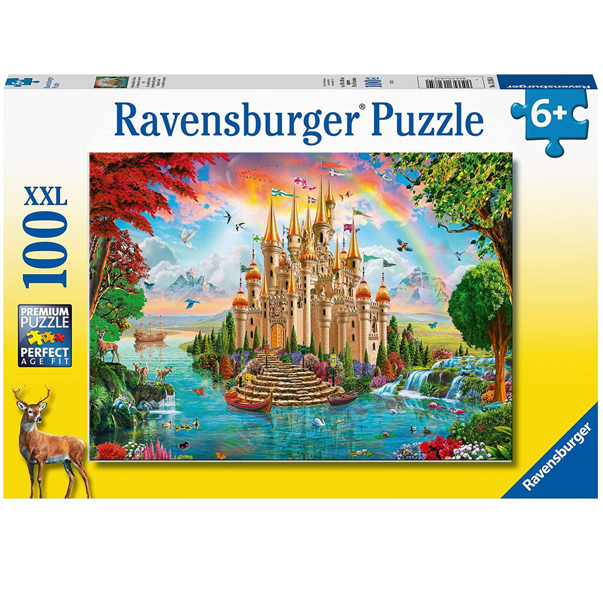100pc Rainbow Castle Puzzle featuring a vibrant castle by a river with colorful flags and jewel-toned flowers.