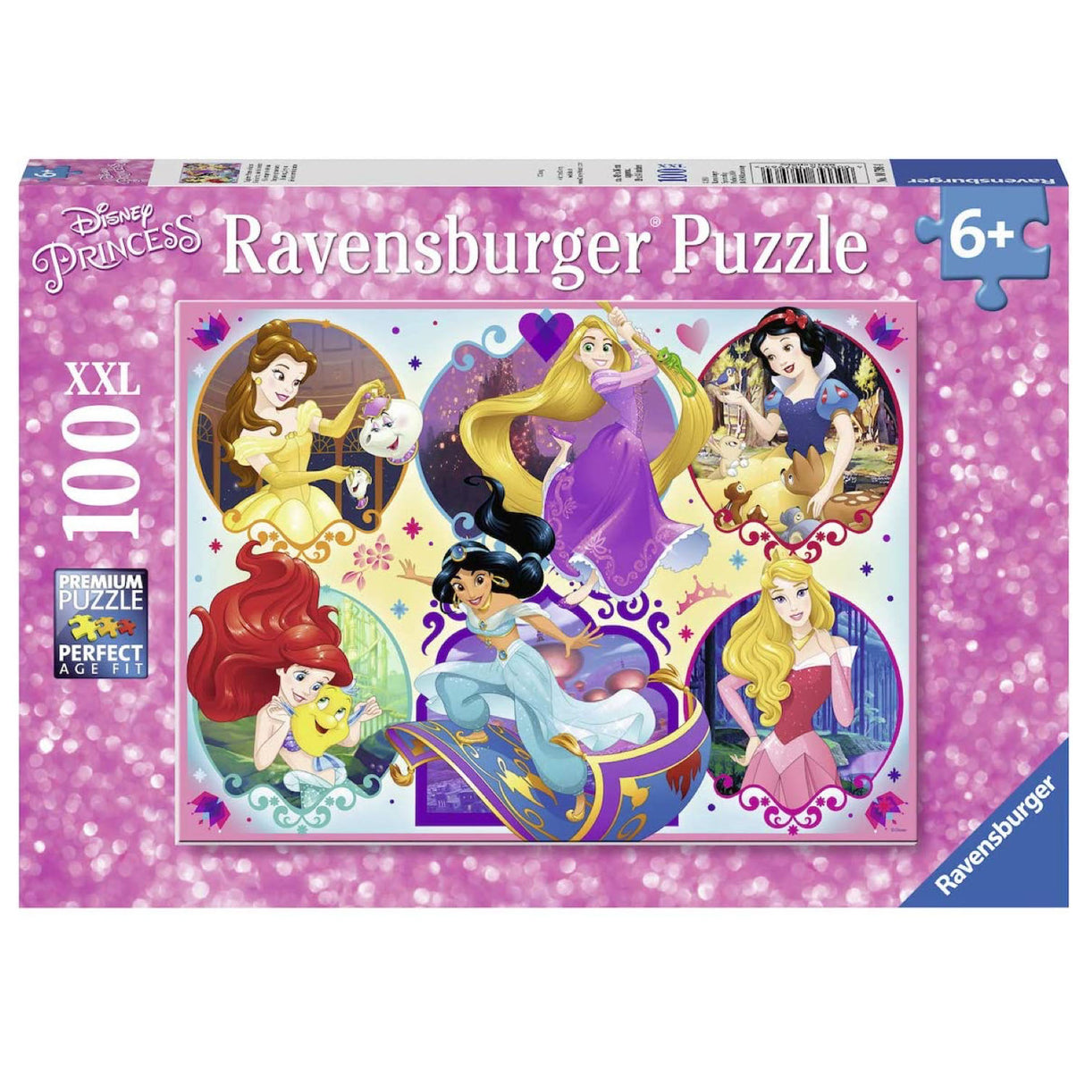 100pc Disney Princesses Puzzle featuring colorful images of six princesses designed for ages 6 and up.