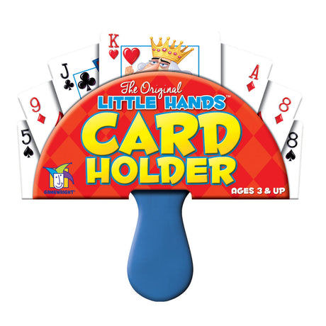 Little Hands Card Holder with blue handle holding multiple playing cards for easier card games ages 3 and up