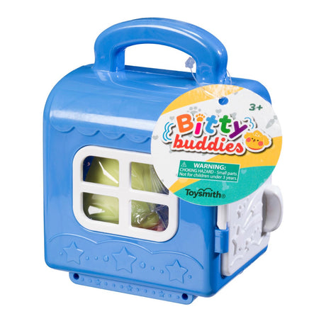 Blue carry case with window and handle for Bitty Buddy toy, including one tiny friend and accessory inside.