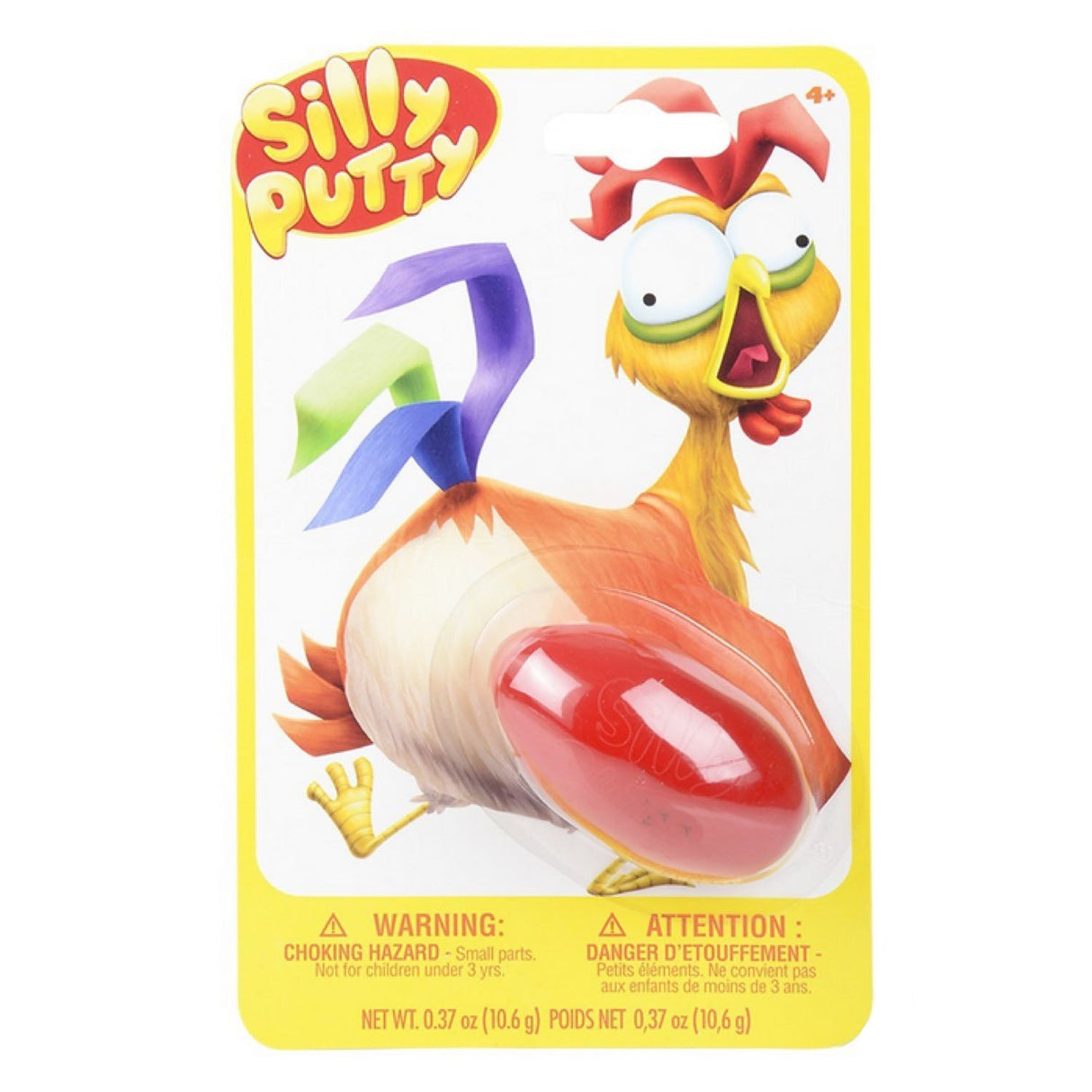 Silly Putty classic stretchable toy in red egg-shaped container with colorful chicken packaging for kids age 4 and up.