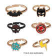 Superhero Ring adjustable styles including bat, mask, web, star, hero, and lightning designs, sold individually in fun assorted styles.