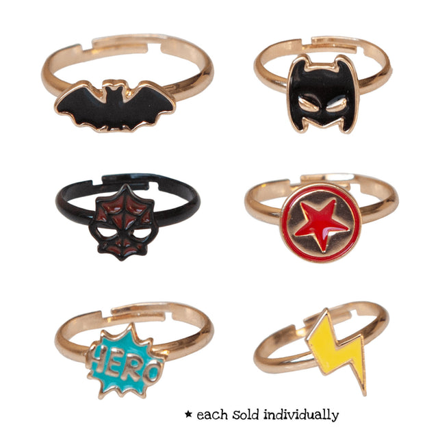 Superhero Ring adjustable styles including bat, mask, web, star, hero, and lightning designs, sold individually in fun assorted styles.