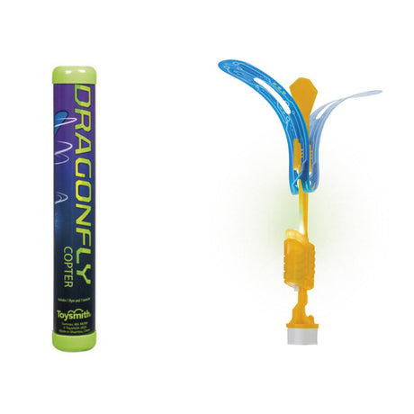 Dragonfly Copter toy with bright blue and yellow wings next to its cylindrical green and purple packaging.