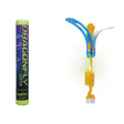 Dragonfly Copter toy with bright blue and yellow wings next to its cylindrical green and purple packaging.