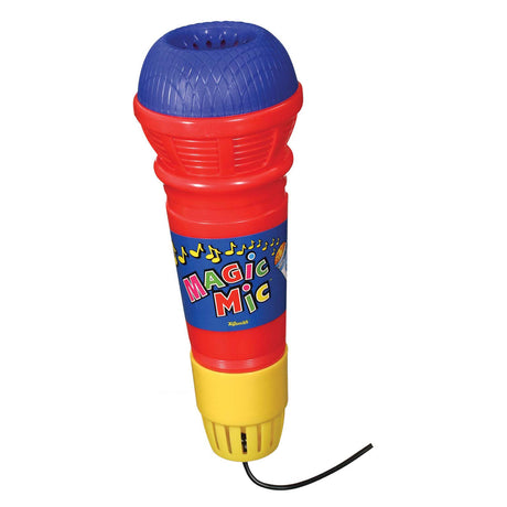 Magic Mic echo microphone toy in red, blue, and yellow that amplifies voice vibrations for kids' fun play.