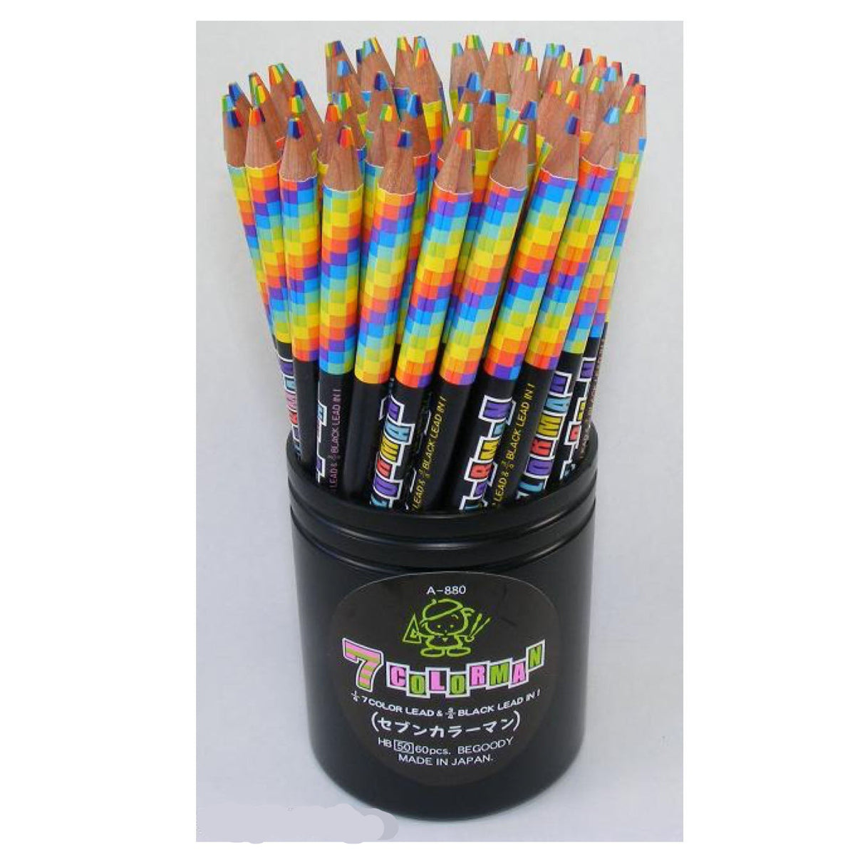 Rainbow Pencil displaying colorful 7-color lead and black HB lead pencils in a black container for writing variety.