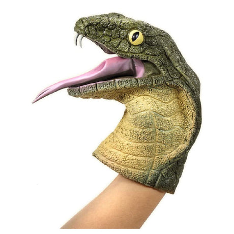 Cobra Rubber Puppet shown worn on hand, realistic green snake design with open mouth and visible tongue.