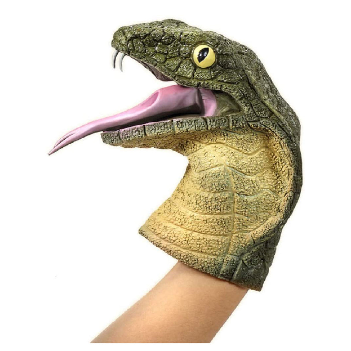 Cobra Rubber Puppet shown worn on hand, realistic green snake design with open mouth and visible tongue.
