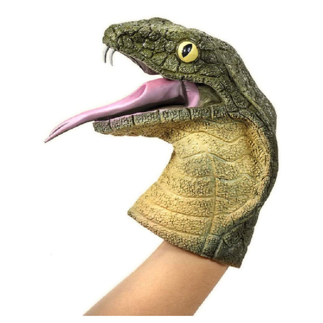 Cobra Rubber Puppet shown worn on hand, realistic green snake design with open mouth and visible tongue.