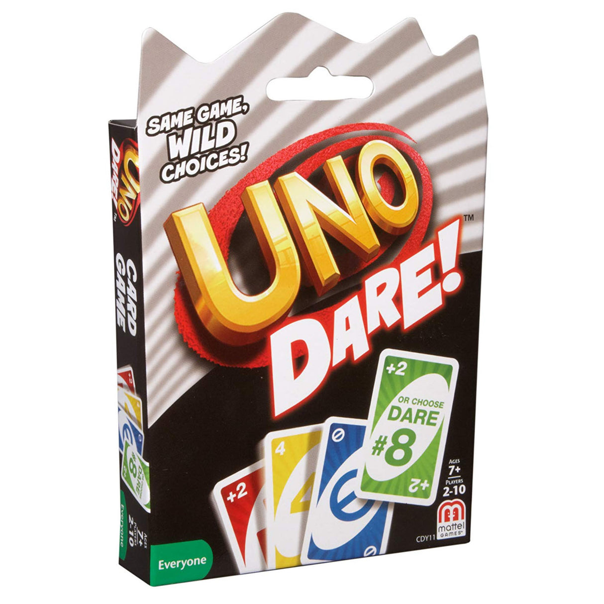 UNO Dare game box featuring colorful cards and wild choice dare cards for players ages 7 and up.