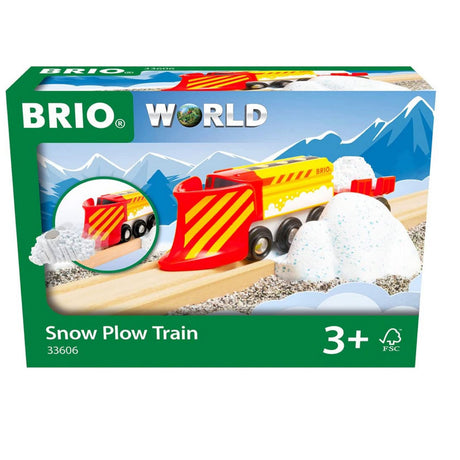 Snow Plow Train toy with red and yellow snowplow clearing snowy tracks, perfect for ages 3 and up playsets.
