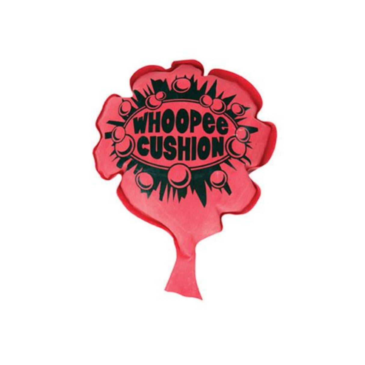Red classic Whoopee Cushion with bold black lettering, perfect prank toy to make funny tooting sounds and surprise friends.