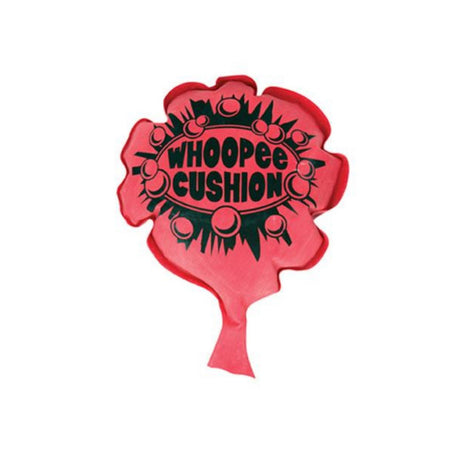 Red classic Whoopee Cushion with bold black lettering, perfect prank toy to make funny tooting sounds and surprise friends.