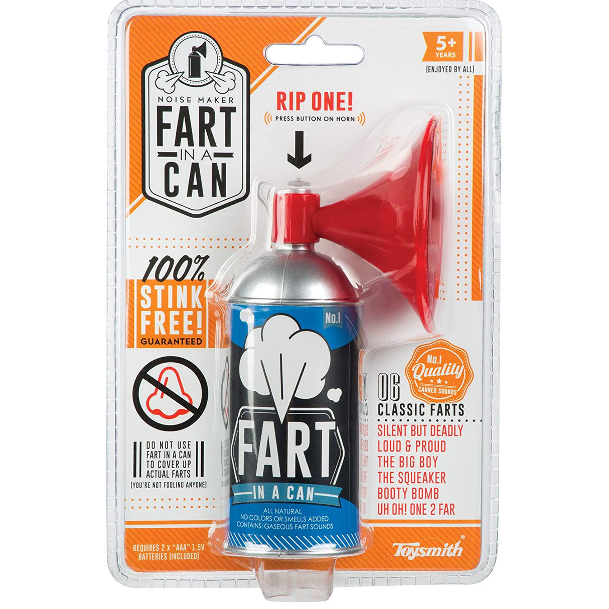 Fart in a Can prank toy in packaging with red horn, 6 fart sounds, and 100% stink-free guarantee.