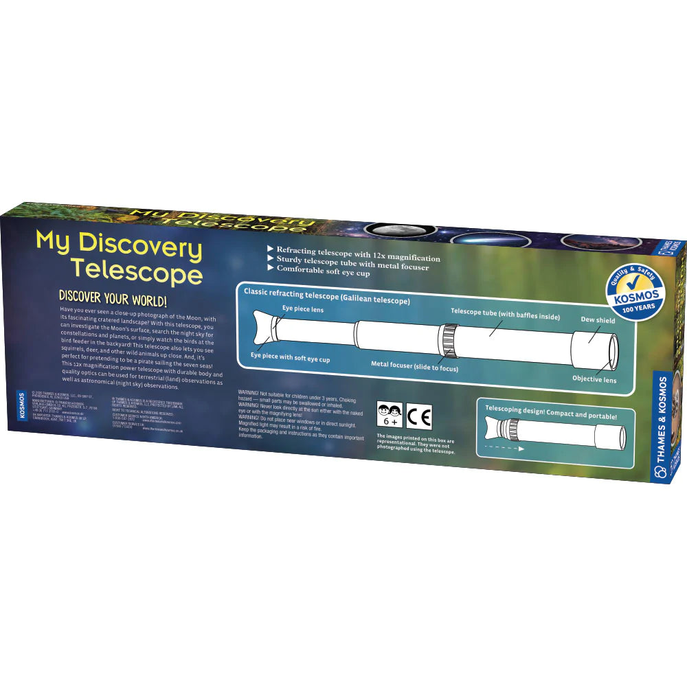 My Discovery Telescope packaging showing telescope parts, 12x magnification, and product features for young explorers.