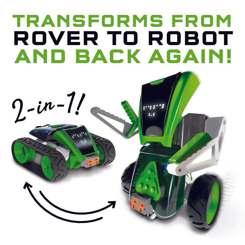 Robotics Sidekick transforming between a four-wheeled rover and a two-wheeled robot with digital face display.