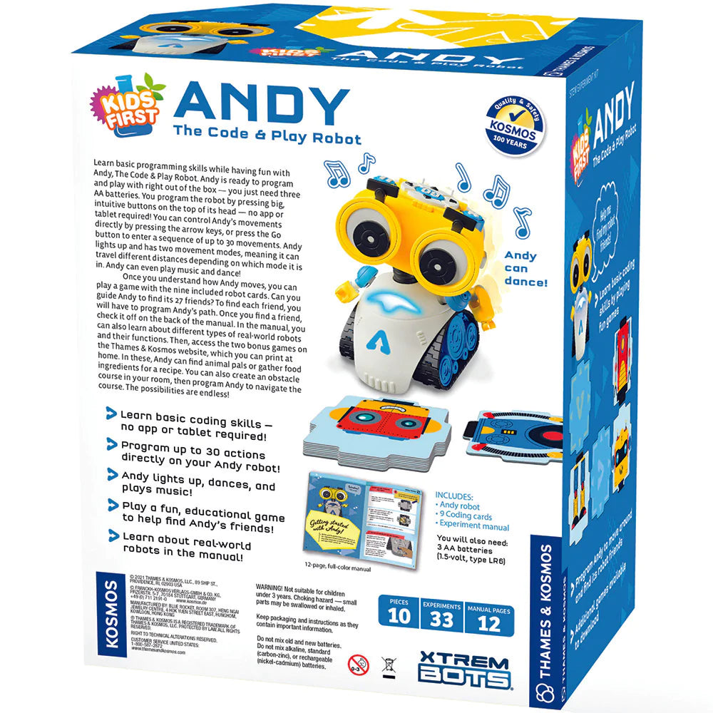 Andy Code & Play Robot educational toy box showing programming robot with interactive buttons and game cards.