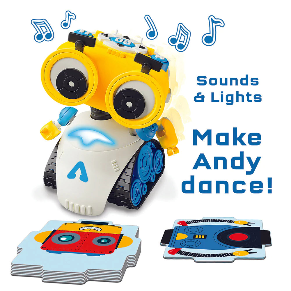 Andy Code & Play Robot with lights and sounds that dance, accompanied by colorful robot cards for programming fun.