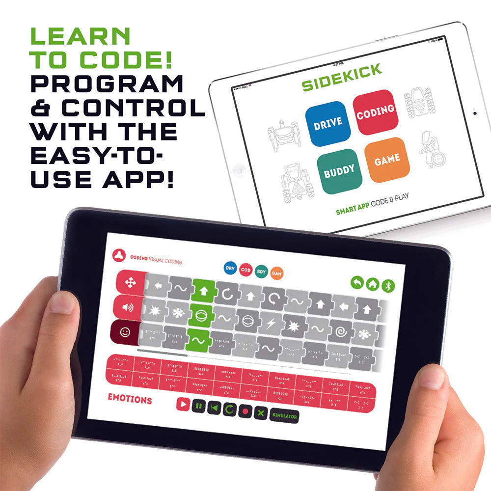 Robotics Sidekick showing coding and control interface on tablets for programming and driving the robot.