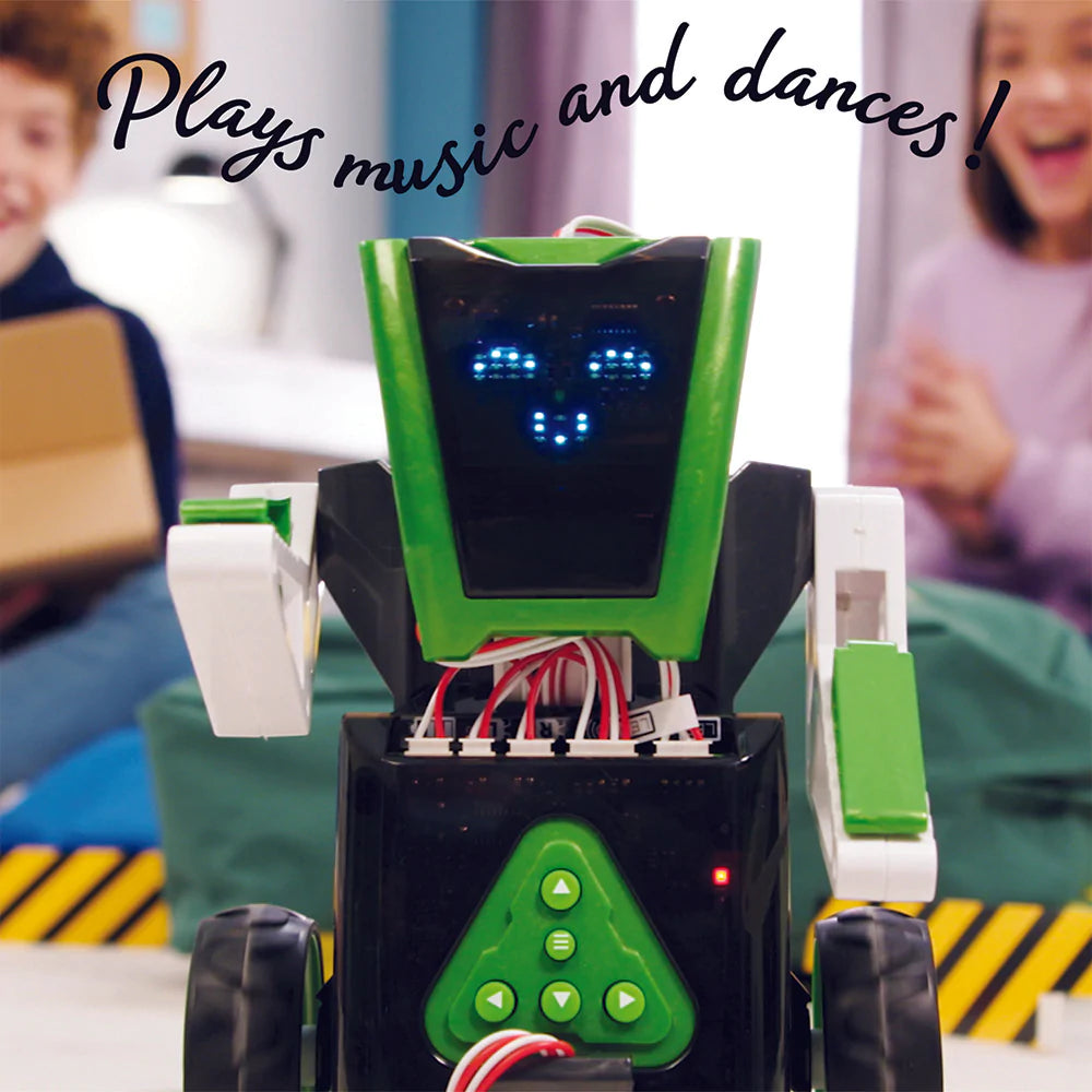 Robotics Sidekick robot with LED face and movable arms, playing music and dancing while kids watch excitedly.