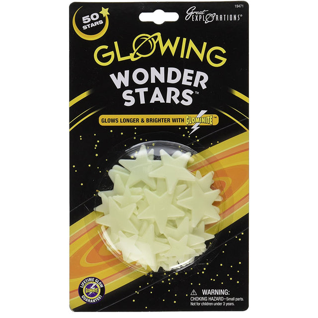 Glow Stars 50pc package with plastic glow-in-the-dark stars for ceiling or wall decoration, includes adhesive putty.